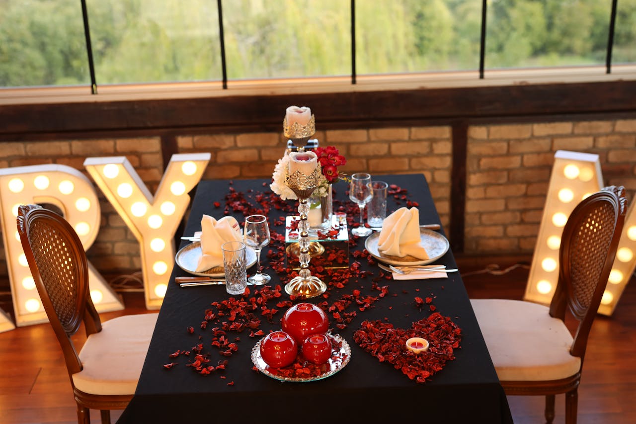 Elegant table setting with romantic decor ideal for celebrations.